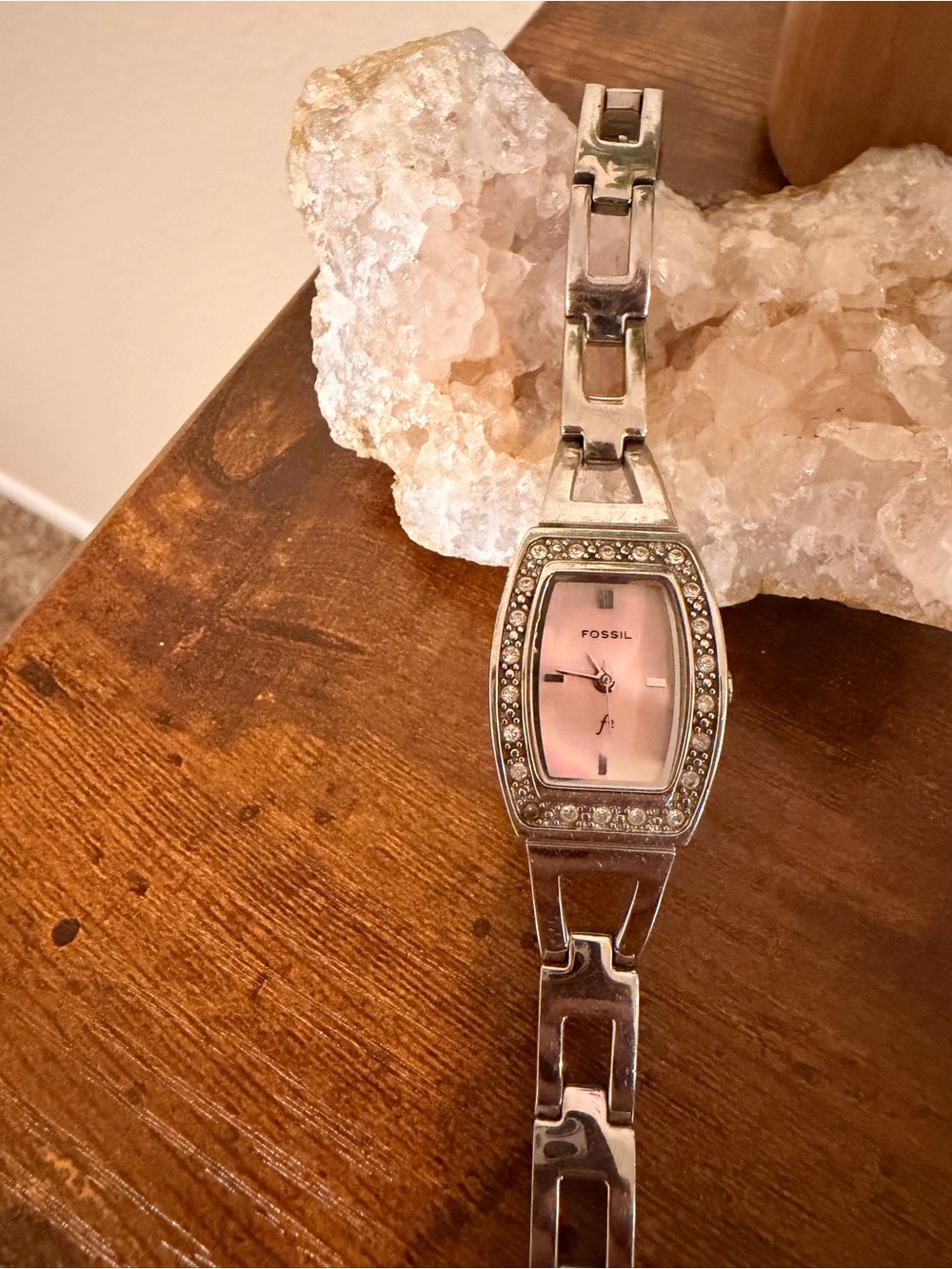 Fossil Silver-Tone Bracelet Watch with Pink Dial and Crystal Bezel